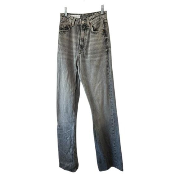 Zara Washed Out Black - Gray Jeans Straight Leg Loose Fit Raw Hem High Rise Sz 0 - Picture 1 of 7